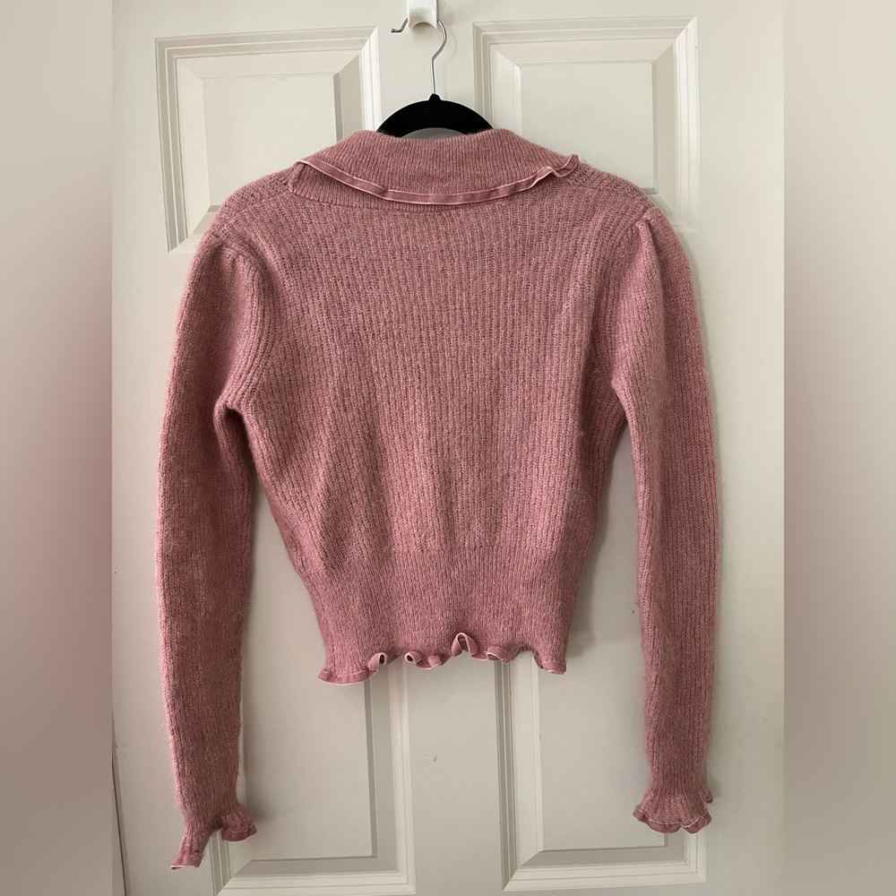 Zara Pink Alpaca Wool Knitted Cardigan Sweater with Velvet Trim Romantic size M - Picture 7 of 7